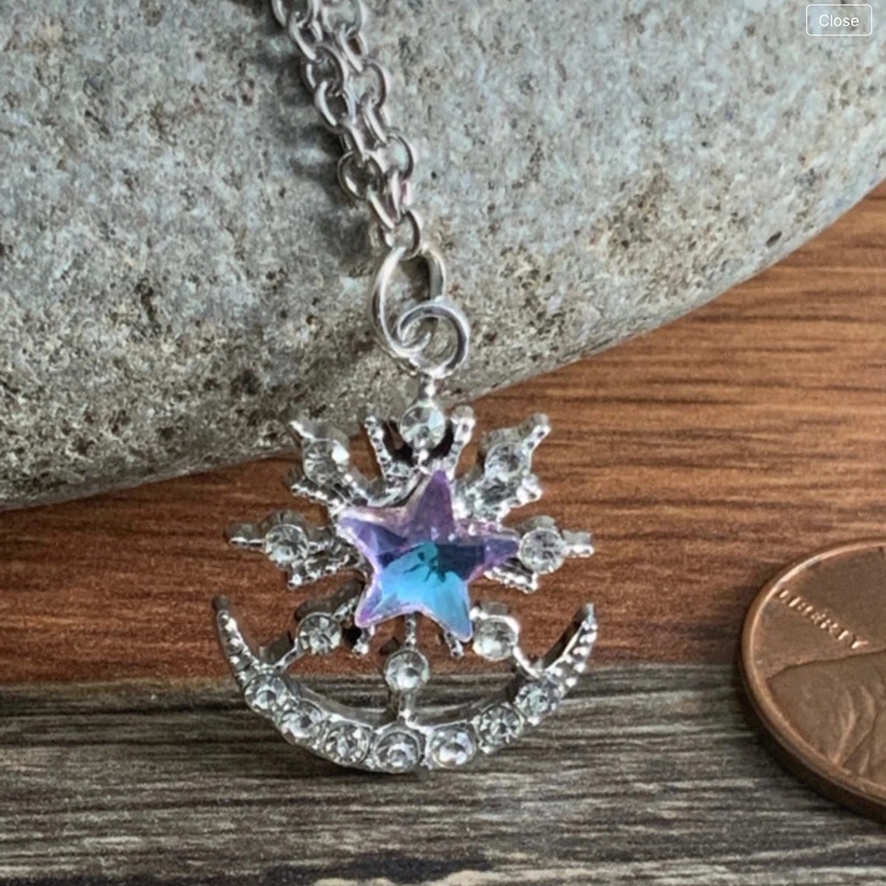 Silver Pewter Crystal Moon Star Pendant Necklace